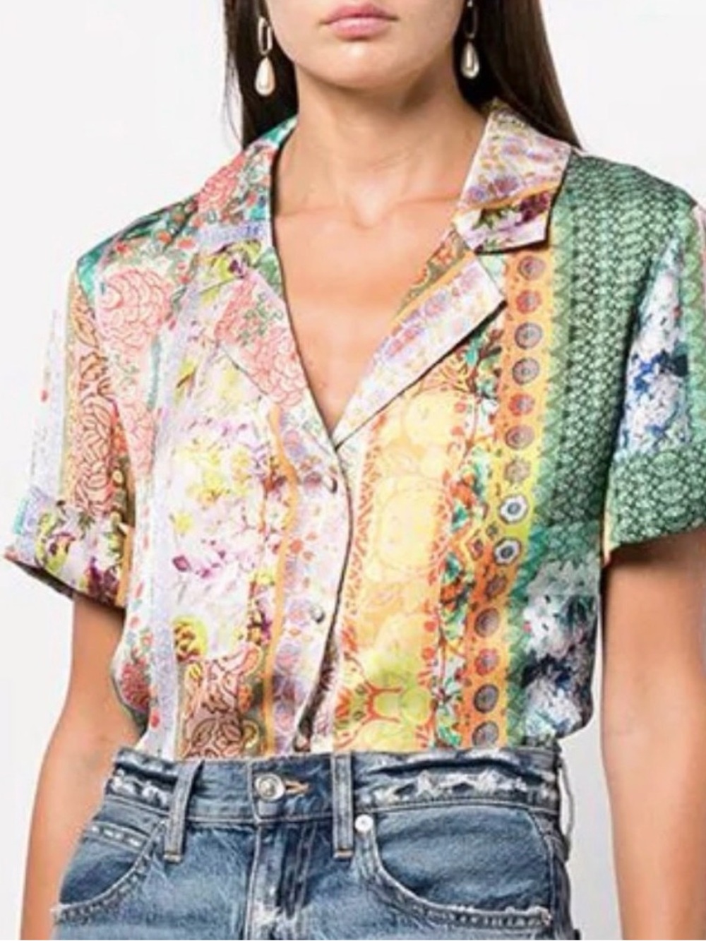 Alice + Olivia Kahlo Floral Tangerine Orange Green Purple Collared Blouse Top M